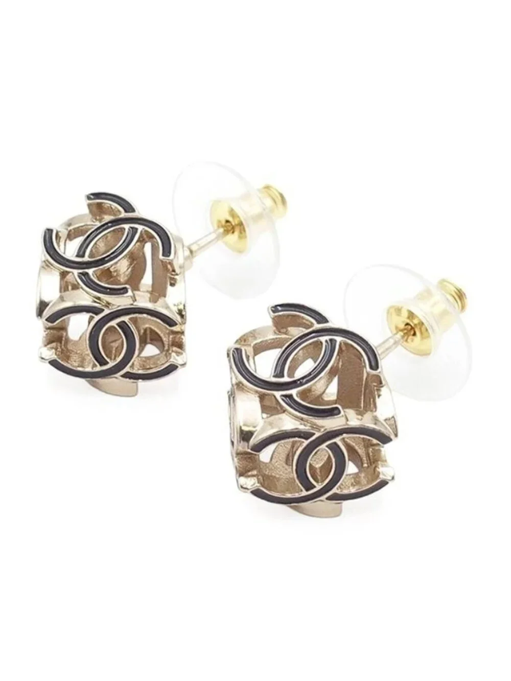 Chanel Cube Earrings Gold Black Metal Resin CC Logo